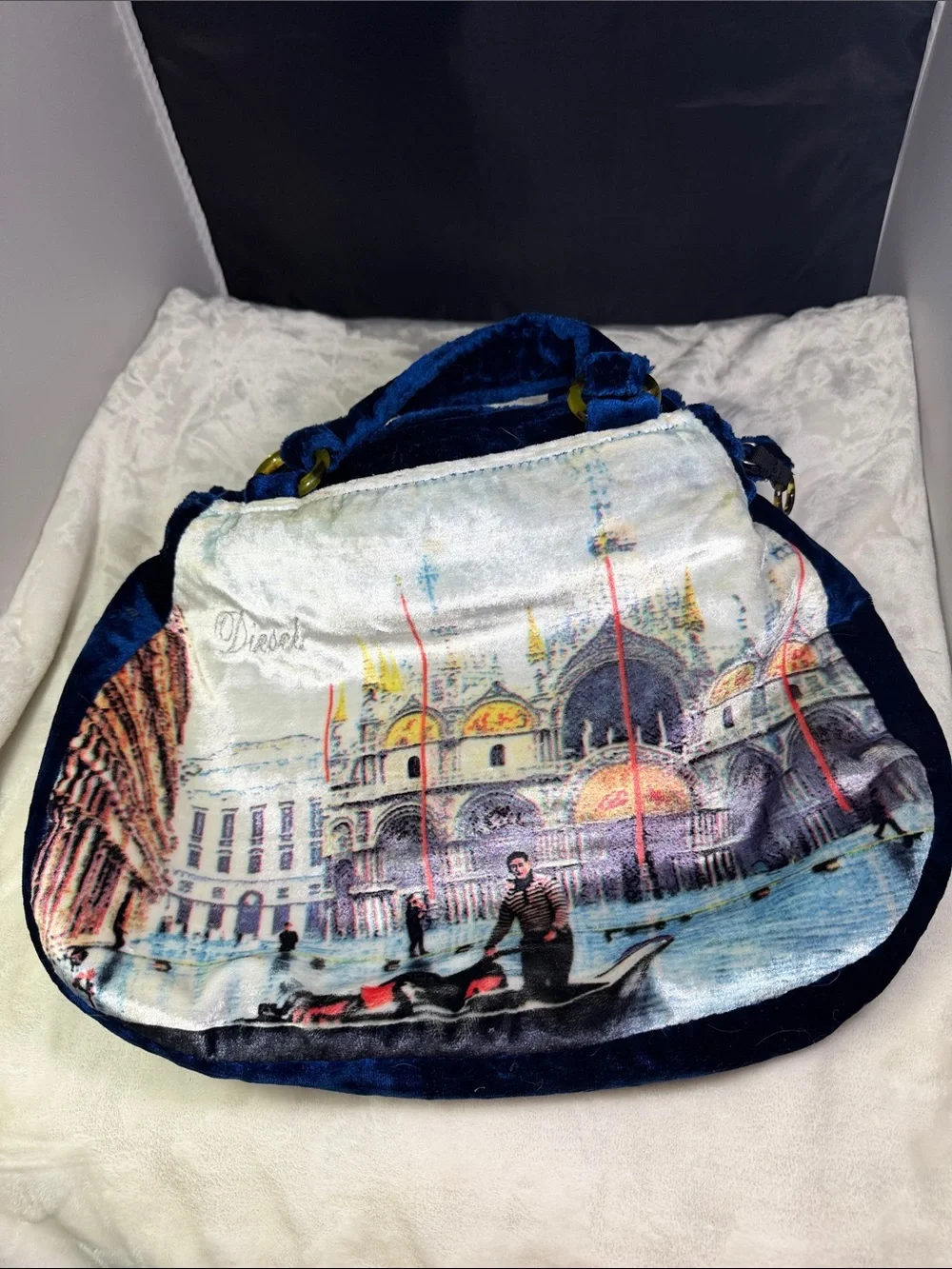 Vintage Diesel Blue Velvet Venice Gondola Print Hobo Handbag Y2K Shoulder Bag